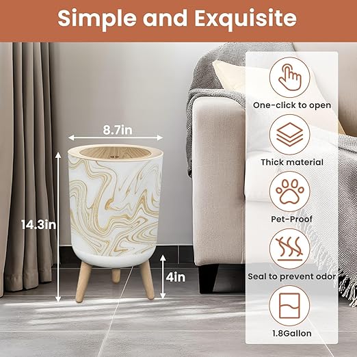 Bathroom Trash Can with Lid White Gold Marble Marbling Texture Design Abstract Oil Painting Style Garbage Bin Waste Basket for Kitchen Office Bedroom Decoration Diaper Pail 1.8 Gallon