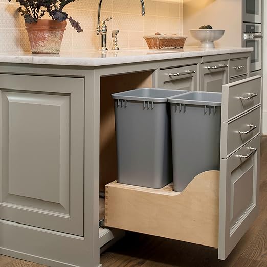 Rev-A-Shelf Pullout Trash Cans for Kitchen Cabinet Dual 50 Qt Bins with 18 Wood Frame - Large Garbage Bin Containers for Home Waste Storage and Recycling