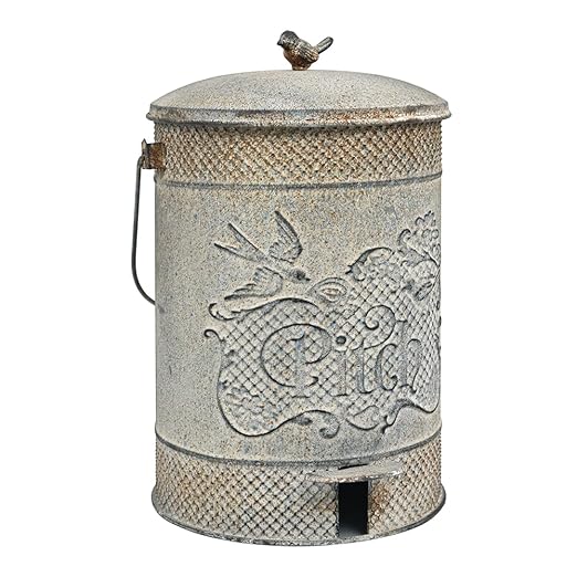 Farmhouse Garbage Can with Lid Indoor Outdoor Trash Can with Embossed Bird and Flowers PatternMetal Retro Kitchen Trash Can with Lid for Kitchen Room and Garden Decor (Grey)