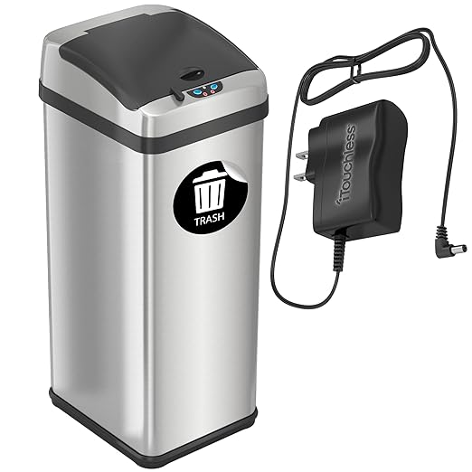 iTouchless 13 Gallon Automatic Touchless Sensor Kitchen Garbage Can with AC Adapter and Odor Filter Deodorizer Includes Waterproof Reusable Vinyl Trash Sticker Stainless Steel/13 Gal