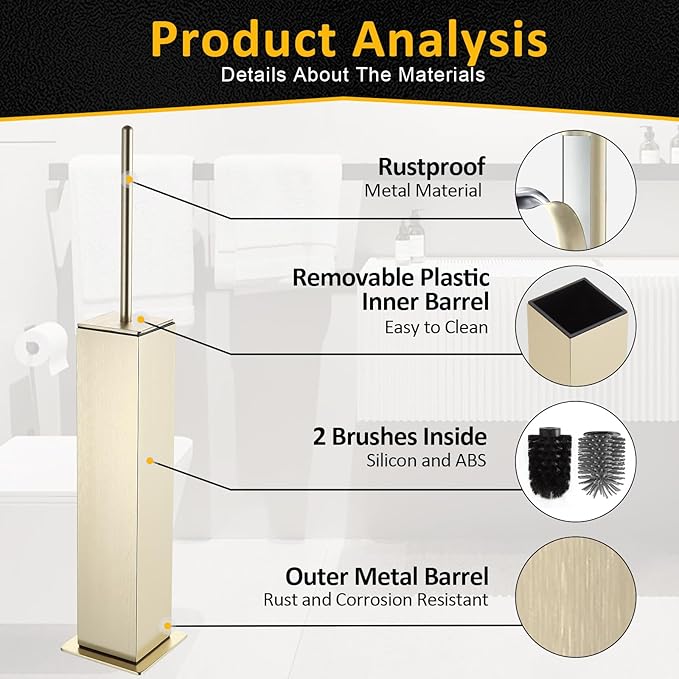 Toilet Brush and Holder Floor Standing Brushed Gold with 2 Replaceable Heads Bathroom Toilet Brush Freestanding Toilet Bowl Brush with Removable Liner and Splash Guard Modern Square Design