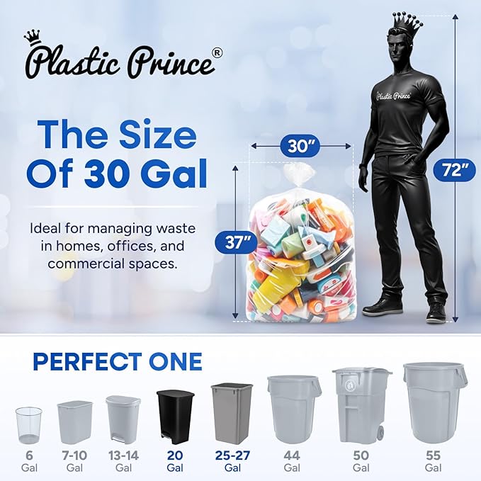 (Pack of 500) Plexon Transparent Trash Bags Clear Trash Bags - 20-30 Gallon 30W x 37L 8 Micron - Clear Garbage Bags High-Density Garbage Can Liners Fits Square and Round Trash Cans