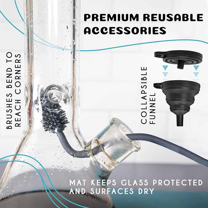 Glass Cleaning Kit - Reusable Silicone Accessories - Complete Kit to Clean your Piece Just Add Cleaner - Reusable Soaker Bag Brushes Mat Caps &amp Plugs Funnel &amp Microfiber Towel