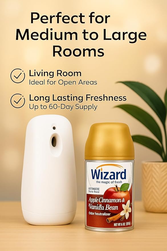 Wizard Automatic Spray Refill – Apple Cinnamon &amp Vanilla Bean 5 oz (12 Pack) | Compatible with Air Wick Freshmatic &amp Glade Dispensers | Long Lasting Odor Neutralizer for Home &amp Office