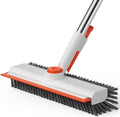 AIR U+ Floor Scrub Brush with Long Handle 3 in 1 Scrape and Heavy-Duty Stiff Bristle Scrubber Brush for Cleaning Shower Bathroom Patio Pool Garage Kitchen Wall and Deck White and Orange