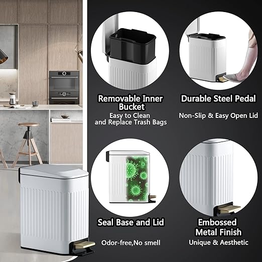 Small Bathroom Trash Can with Lid Soft Close-6L/1.6 Gal Slim Step Garbage Can-Metal Pedal Wastebasket-Narrow Rectangle Garbage Container Bin for Corner Office Bedroom Toilet Live Room-White