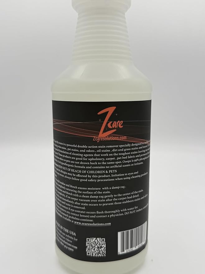 Z care Ooops Stain &amp Odor Remover (32 oz) – Multi-Surface Low VOC Cleaner for Wine Pet and Food Stains | Biodegradable Fresh Scent Non-Toxic Safe for Home &amp Auto Use