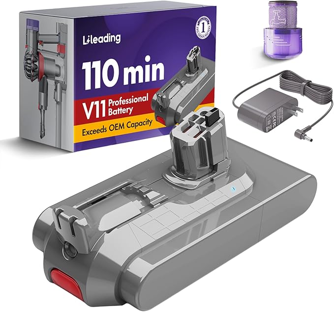 V11 110-Min Red Button Battery Replacement: With Samsung Battery Cells Compatible with Dyson Click-in Models V11 Animal Torque Drive Outsize SV15/16/22 970425-01 Includes Filter &amp Charger