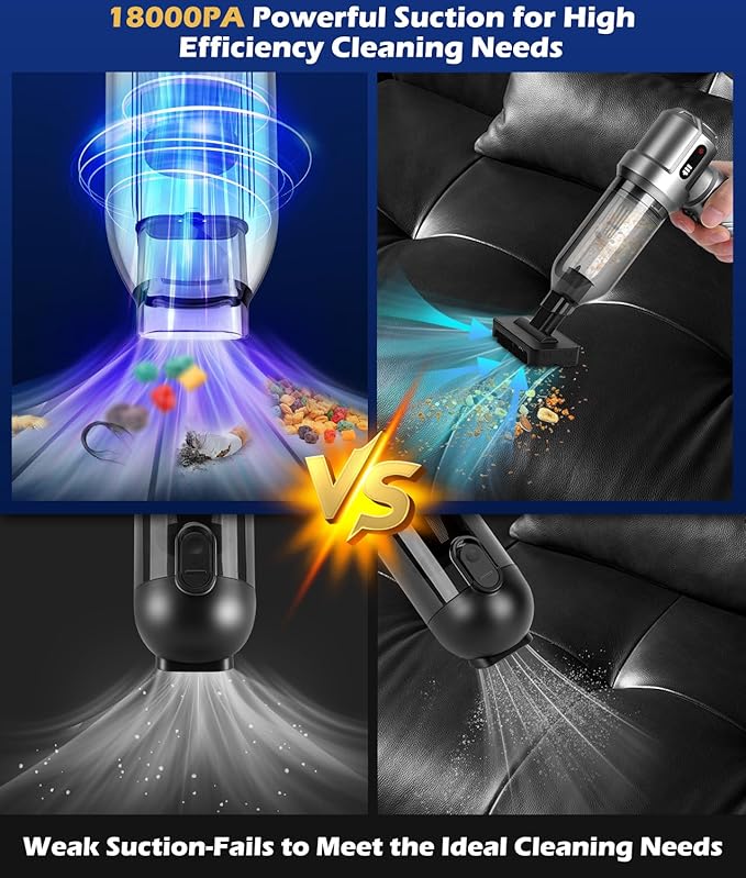 WADEO Car Vacuum Portable Cordless 18000PA 4-in-1 Handheld Vacuum Cleaner and Air Duster with LED Display &amp Multi-Nozzles Mini Hand Held Vacuum Rechargeable for Home Car Office Pet Hair