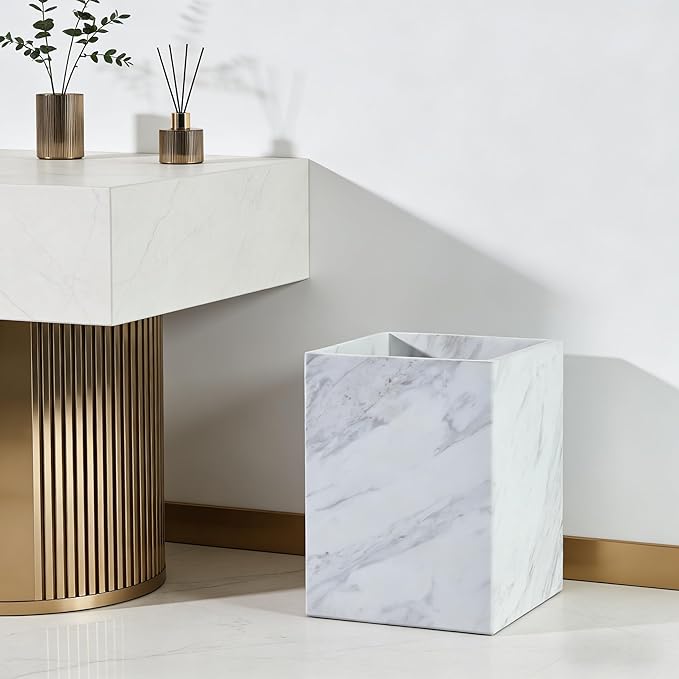 Modern Square White Marble Waste Basket Natural Stone Bathroom Trash Can Decorative Home Garbage Container Beautiful Marble Look Rubbish Bin for Bathroom Bedroom Kitchen Home Office