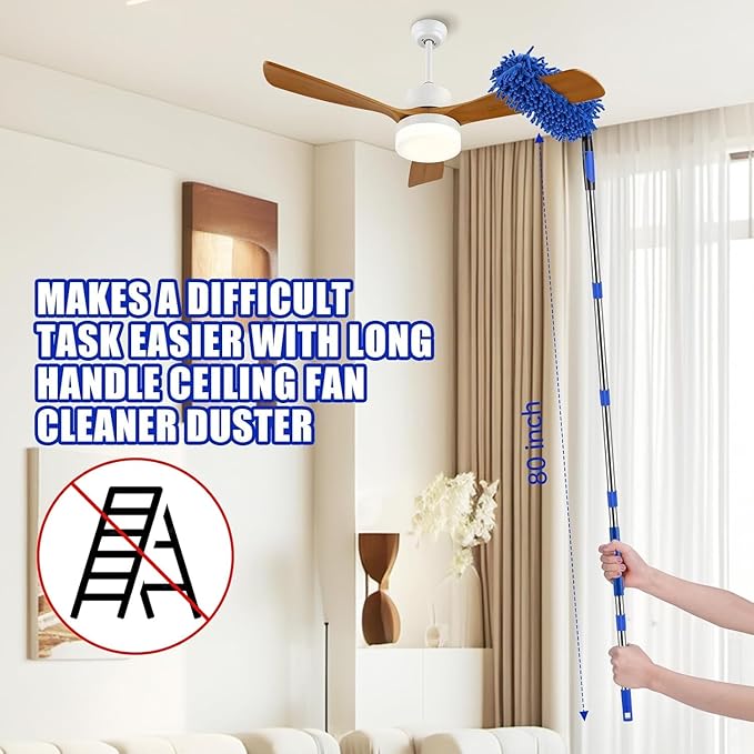 Ceiling Fan Cleaner Duster with 80 Extension Pole Flexible and Washable Chenille Fan Duster for High Ceiling Fan Blades Light Fixtures Furnitures