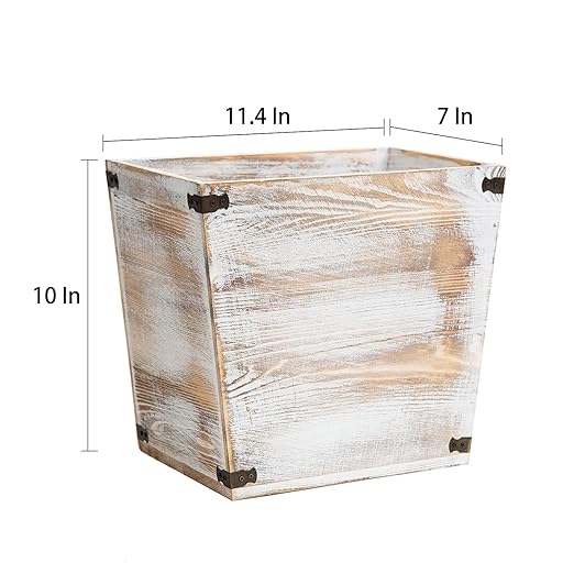 VERGOODR Grey Farmhouse Style Torched Wood Trash Can Waste Bin with Decorative Metal Brackets Trash Can for BedroomLiving Room Bathroom &amp Office (Washed White)
