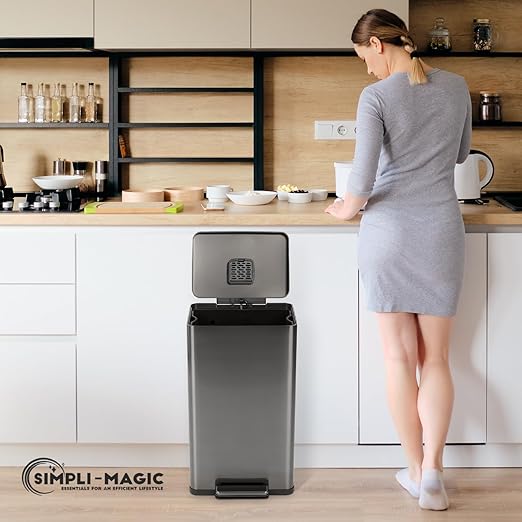 Simpli-Magic 13.2 Gallon (50L) Step Trash Can – Kitchen Garbage Can with Slow-Close Lid – Odor Control Hands-Free Easy to Clean Brushed Stainless Steel