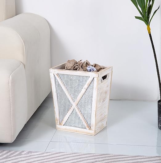 Small Wood Trash Can Wastebasket Decorative Barn Door Garbage Can Waste Basket Rustic Distressed Rectangular Trash Bin Farmhouse Wooden Storage Basket Waste Paper Bin (Whitewash)