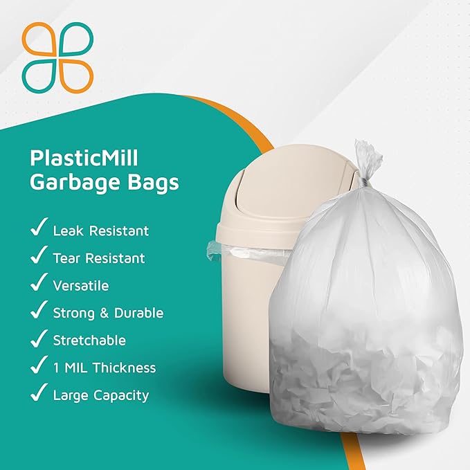 PlasticMill Heavy Duty Trash Bags - Clear Garbage Bags - Plastic Trash Bags - Kitchen Bathroom Office Garbage Bags Trash Can Liners - 12-16 Gallon 1 Mil 24x31 (250-Count)