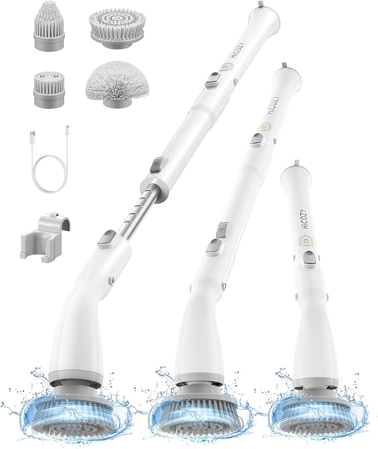 HiCOZY Electric Spin Scrubber HS1 Cordless Shower Scrubber for Cleaning with 4 Replaceable Brush Heads Adjustable Extension Handle IPX7 Waterproof Cleaning Brush for Bathroom Floor White