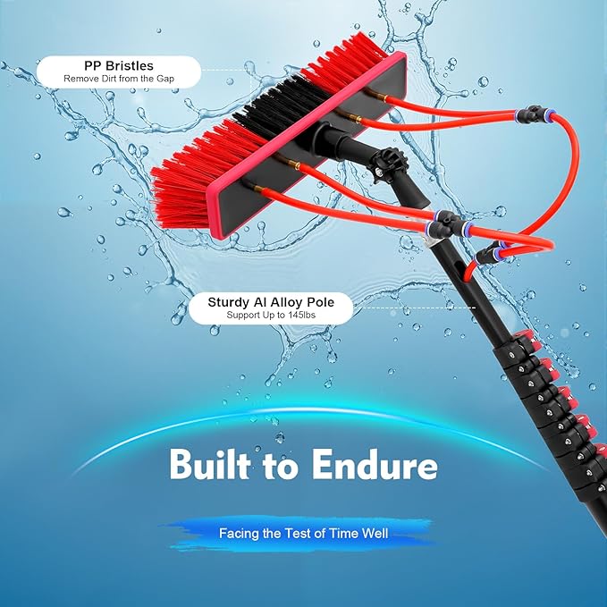 24FT Water Fed Pole Kit Telescopic Solar Panel Cleaning Brush with 210° Rotatable Head and 65.6FT Hose 6-Section Aluminum Alloy Extension Pole for Window Glass Ceiling Cleaning