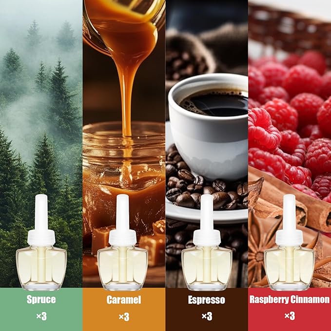 Plug In Refills Air Freshener Spruce Caramel Espresso Raspberry Cinnamon for Home and Bathroom 7.92 Fl Oz 12 Count Compatible with Air Wick &amp Glade Not Include Glade Plus
