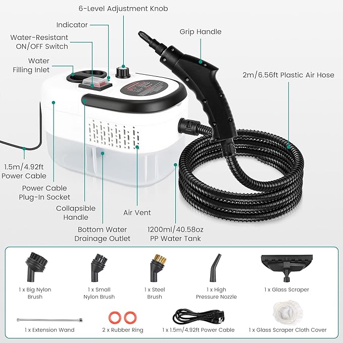 2500W Handheld Steam Cleaner Portable Little Steamer Multifunctional High Temp Steam Clean Machine Powerful Cleaning Tool for Car Furniture Floor Tile Microwave Mattress Bed
