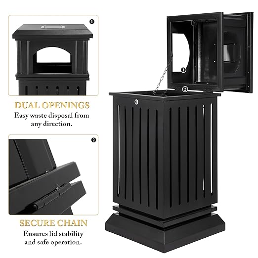 Black Stainless Steel Commercial Trash Can with Locking Lid Heavy Duty Outdoor/Indoor Waste Container Perforated Steel Panels Removable Inner Bucket for Patio Park Garden-35.5x15.8x15.8in