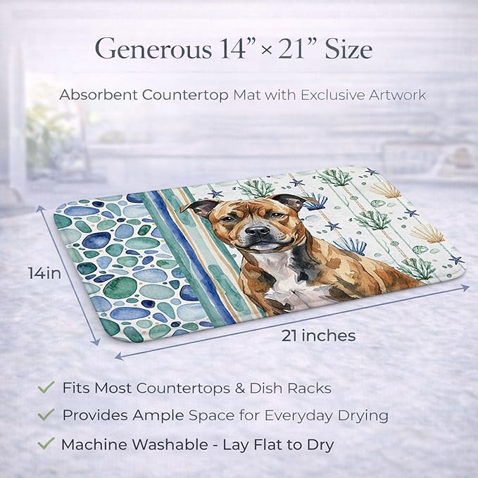 Caroline's Treasures Brindle Staffordshire Bull Terrier Coastal Sea Glass Dish Drying Mat Absorbent Dish Drying Mat Pad for Kitchen Counter Dish Drainer Mat for Countertop 14 x 21 Multicolor