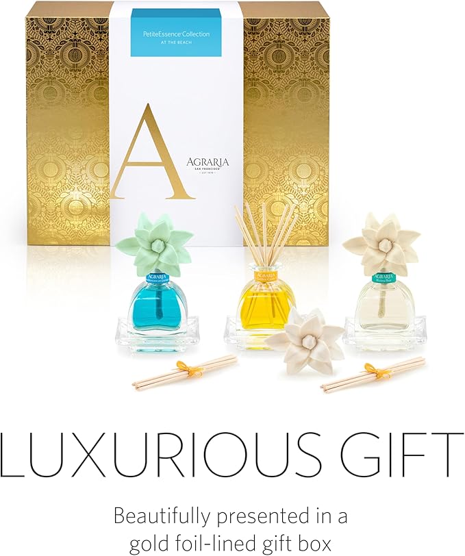 AGRARIA at The Beach PetiteEssence Collection Handmade Sola Flower Reed Diffuser Set of 3 Luxury Home Fragrance Scented Oil Diffuser Gift Set