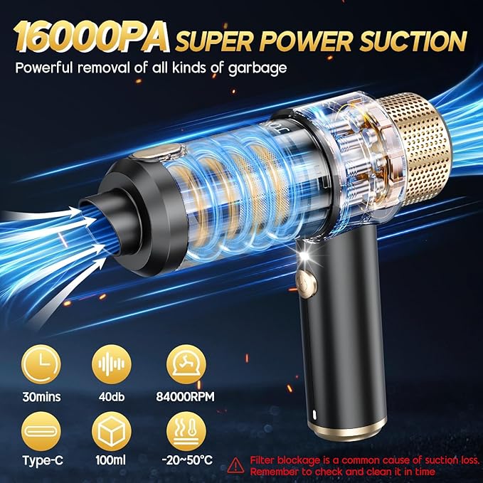 JONYJ Handheld Car Vacuum Cleaner 16000PA Hand Held Vacuum Portable Cordless 2 in 1 Air Duster and Vacuum Cleaner with LED Light Multi-Nozzles 120W High Power Mini Vacuum for Home Pet Office