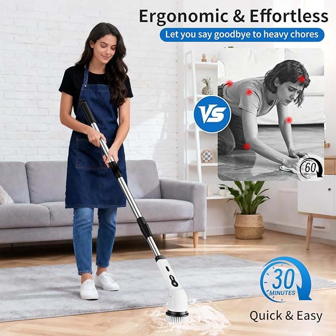 Electric Spin Scrubber Ultimate Household Cleaning Brush with 90Min Runtime &amp 8 Heads &amp 2 Modes- 52in Electric Shower Scrubber Deep Clean for Bathroom Grout Oven Shower Tile &amp Car IPX