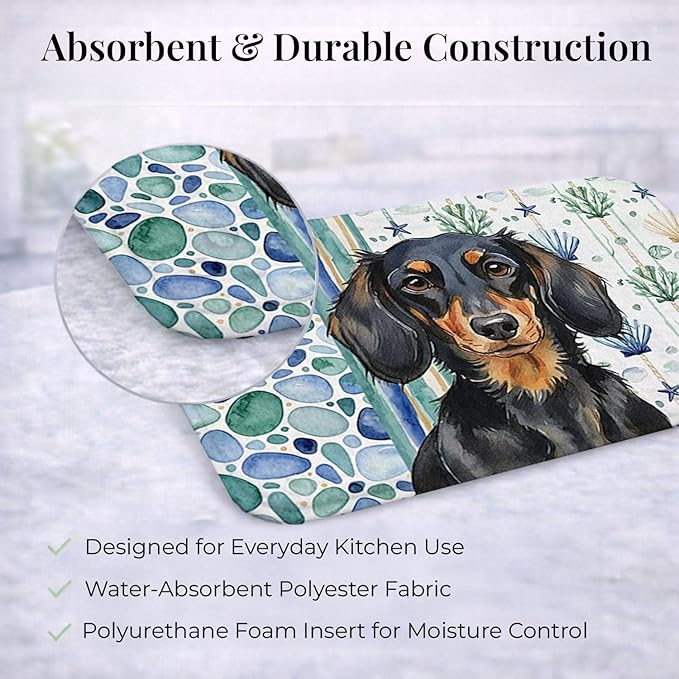 Caroline's Treasures Longhaired Black and Tan Dachshund Coastal Sea Glass Dish Drying Mat Absorbent Dish Drying Mat Pad for Kitchen Counter Dish Drainer Mat for Countertop 14 x 21 Multicolor