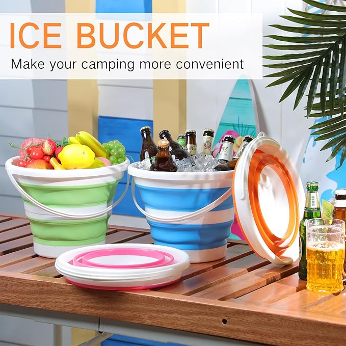 Pickmesh 4 Pcs Collapsible Bucket 2.6 Gallon (10l) Foldable Collapsible Sand Bucket with Handle Small Cleaning Pail for Household Outdoor Car Washing Camping Beach Sand(Blue Green Orange Pink)