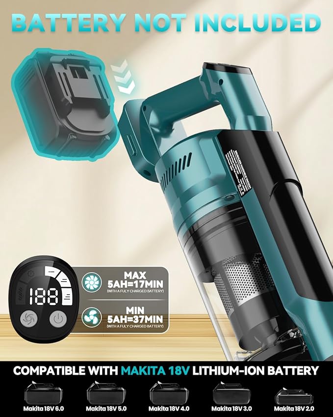 350W Cordless Vacuum Cleaner for Makita 18V Battery 35kPa Brushless Lightweight Stick Vacuum with 3 Mode Suction 6 in 1 Stick Vacuum Cleaner with HEPA for Floor Carpet Car (Battery Not Included)