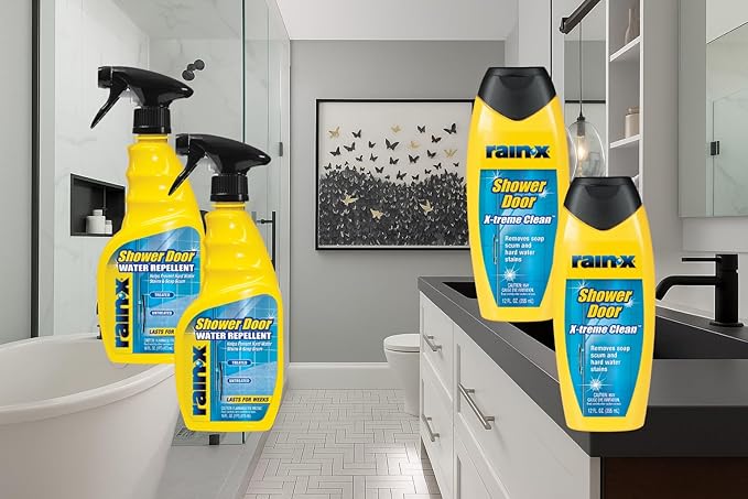 Rain-X Shower Door Care Bundle: 12 Fl. Oz X-Treme Clean Glass Cleaner &amp 16 Fl. Oz Water Repellent for Soap Scum &amp Hard Water Protection (Pack of 2 Each)