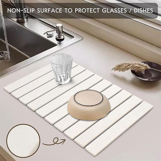 Stone Drying Mat for Kitchen Counter Stone Dish Drying Mat Foldable Super Absorbent Diatomaceous Earth Quick-drying Draining Mat for any Kitchen Countertop (White B 23.6”x15.4”)