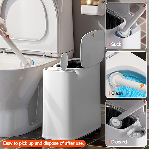CTIME Bathroom Trash Can Set - Narrow White Plastic Small Trash can a Toilet Wand Toilet Brush Holder and 36 Refills 2 Gallon Trash can with pop-up lid Suitable for bathrooms and Small Toilets.