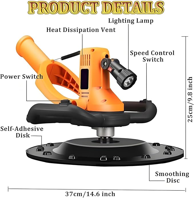 2880W Wall Smoothing Machine 80-200RPM Handheld Drywall Sander Electric Plaster Mortar Cement Putty Trowel With 6 Adjustable Speed And LED For Smoothing Concrete Surfaces(110V)