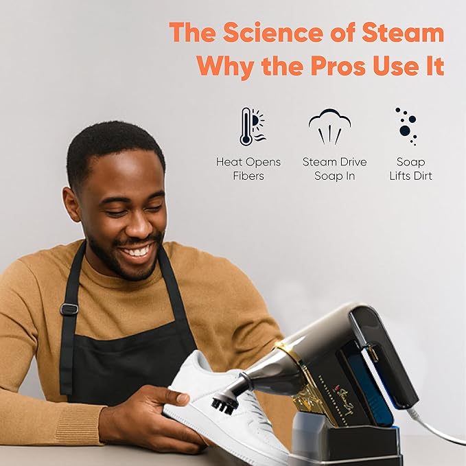 Handheld Shoe Steam Cleaner – All-in-One Shoe Care with Pro Steam Power | 5 Attachments to Clean Deodorize &amp Remove Creases from Sneakers Dress Shoes &amp Boots