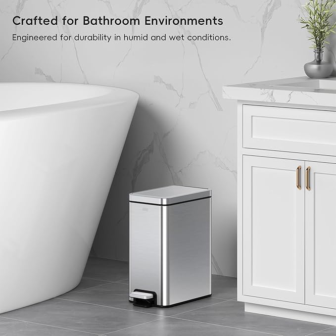 EKO Small Bathroom Trash Can with Lid Soft Close Step Pedal 10 Liter / 2.6 Gallon Stainless Steel Garbage Can with Removable Inner Bucket Anti-Fingerprint Finish (Silver)