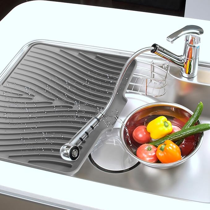 Extra Large Silicone Dish Drying Mat For Kitchen Counter Drying Pad 23.6 x 19 Inch Rubber Dish Drainer Mat with Drain Lip for Sink Drawer Liner(Grey)