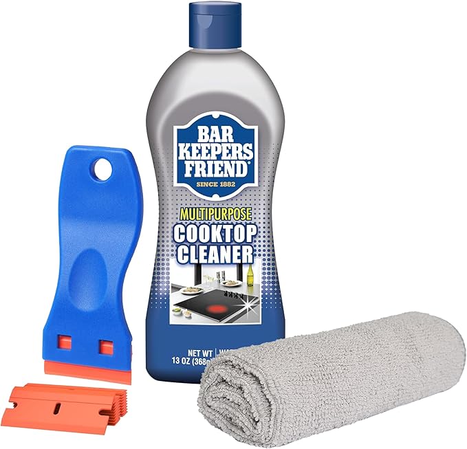 PURPUR Cloth Scraper &amp Bar Keepers Friend Cooktop &amp Stove Cleaner Bundle KIt Non-Abrasive Removes Tough Stains for Glass - Ceramic Surfaces (13 Oz)