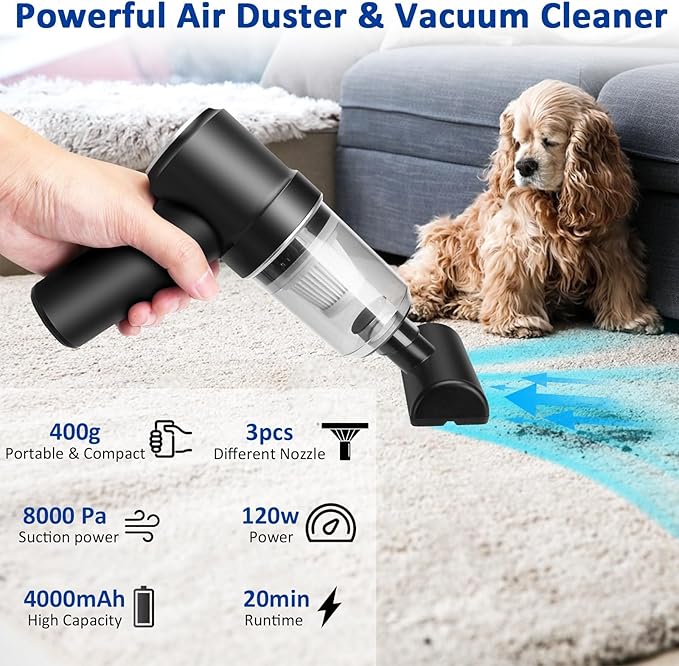 8Kpa Mini Handheld Vacuum Cleaner120W High Power Cordless Car Vacuum 2 in 1 Keyboard Vacuum &amp Air Duster with LED Light &amp Multi-Nozzles for Car Computer Sewing Machine