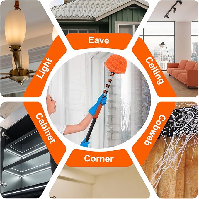 30FT Reach Cobweb Duster with Extension Pole High Ceiling Long Duster with 5-24FT Telescoping Pole Spider Web Brush for Indoor Outdoor Use