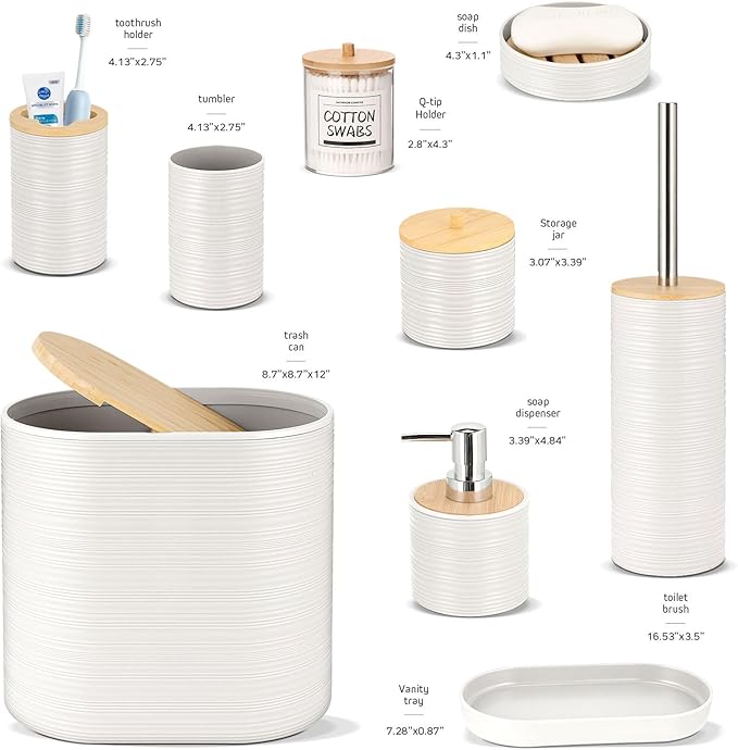 IMAVO Bathroom Accessory Set-11Pcs White Bathroom Accessories Set with Trash CanSoap DispenserSoap DishToothbrush HolderToothbrush CupToilet Brush HolderQtip Holder Dispenser with Labels