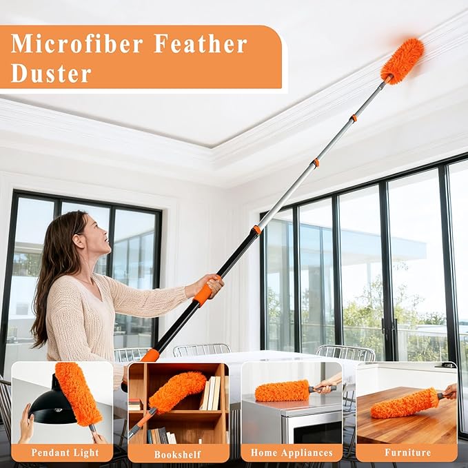 20ft High Ceiling Duster Kit with 4-12ft Heavy-Duty Extension Pole Cobweb Duster Ceiling Fan Duster Window Squeegee &amp Cleaner Microfiber Duster Wall Mop for Home High Reach Cleaning