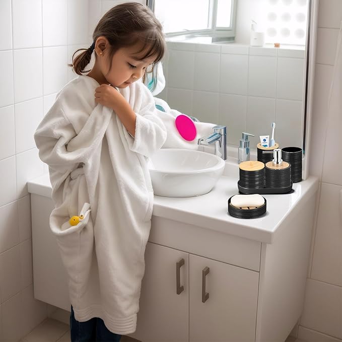 IMAVO Bathroom Accessory Set-11Pcs Black Bathroom Accessories Set with Trash CanSoap DispenserSoap DishToothbrush HolderToothbrush CupToilet Brush HolderQtip Holder Dispenser with Labels