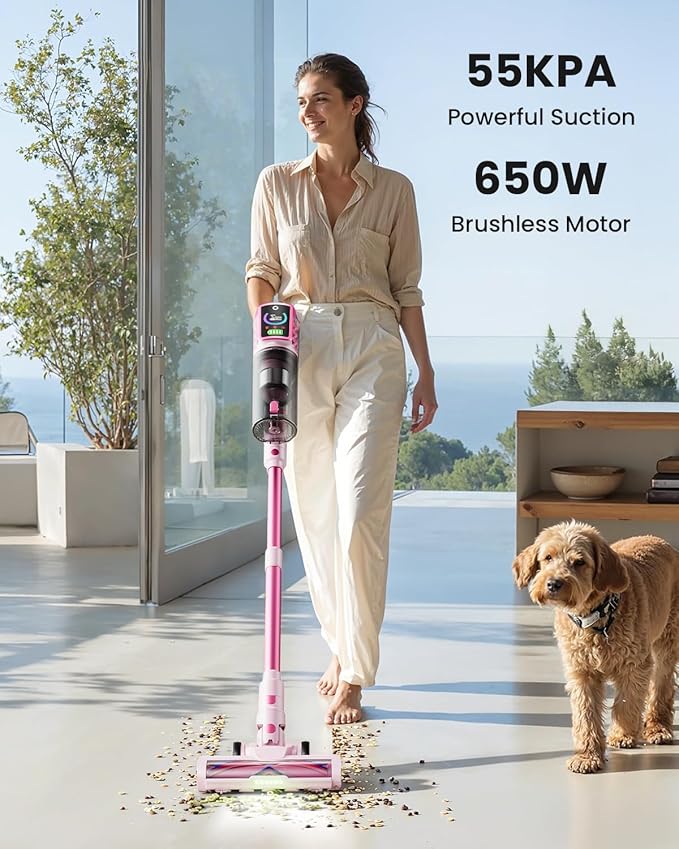 Cordless Vacuum Cleaner55KPa 650W 65Mins Vacuum Cleaners for HomeStick Vacuum with LED Display &ampAnti-tangle Brush and Self-Standing DesignVacuum Cleaner for Hardwood FloorsCarpetPet Hair(Pink