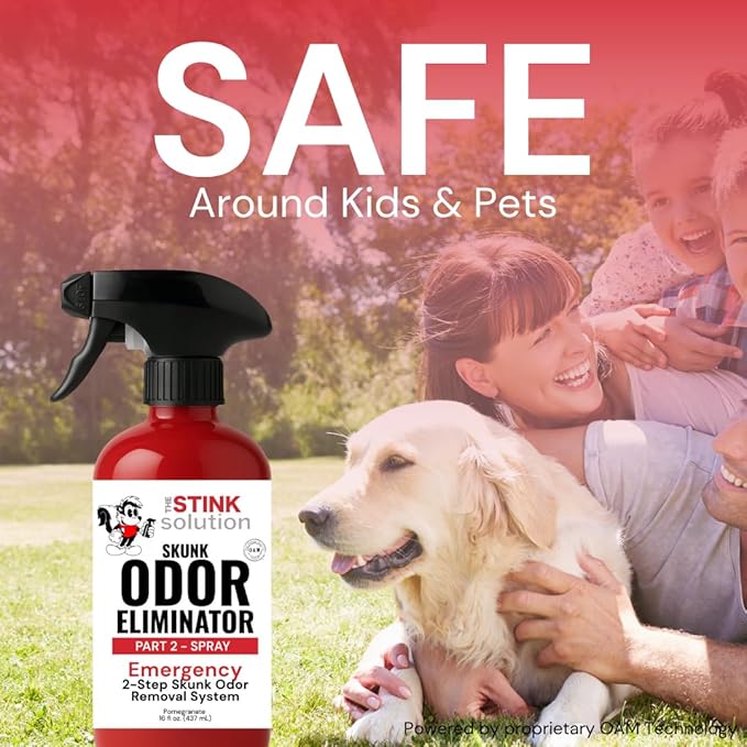 The Stink Solution Skunk Odor Eliminator for Dogs Natural Skunk Smell Remover Kit 16 oz Bath Booster &amp 16 oz Pomegranate Spray Pet Safe Skunk Odor Remover Skunk Deodorizer &amp Skunk Spray Neutr