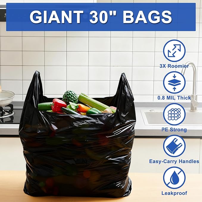 100 Pack 30'' x 18'' x 6'' Extra Large Black Plastic Shopping Bags(0.8 Mil Thick) Reusable Heavy Duty Large T-shirt Grocery Bags Bulk with Handles for Restaurant Retail Business