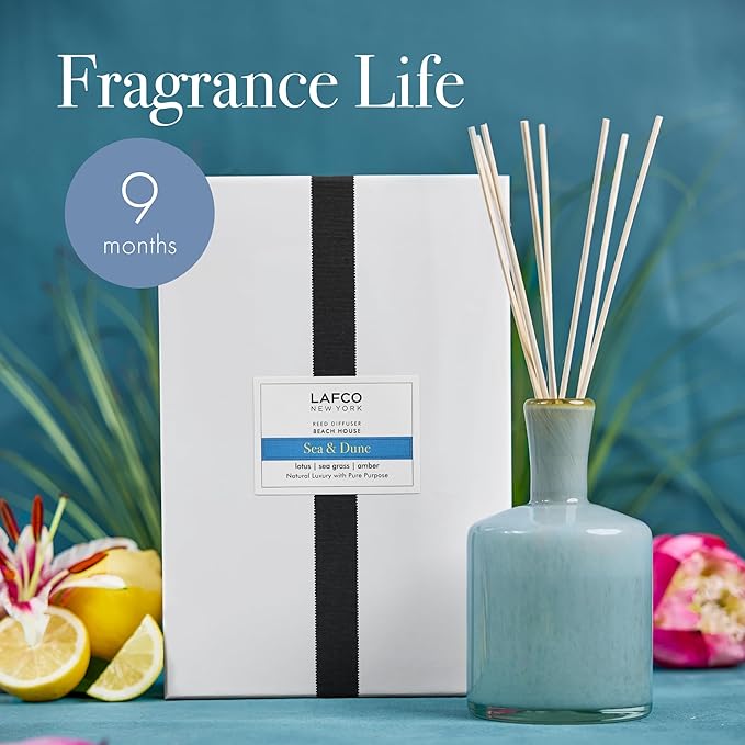LAFCO New York Signature Reed Diffuser Sea &amp Dune - 15 oz - Up to 9 Months Fragrance Life - Reusable Hand Blown Glass Vessel - Natural Wood Reeds - Made in The USA