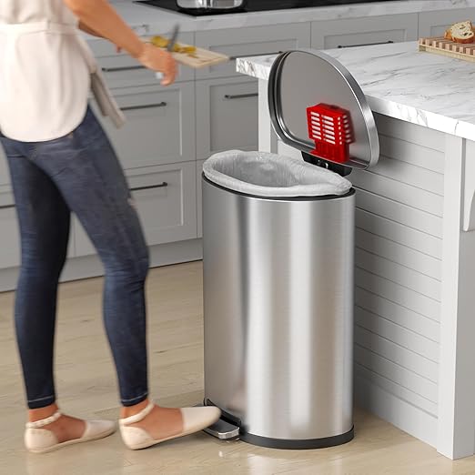 iTouchless 50 Liter Fingerprint Proof Pedal Garbage Bin Space-Saving Design for Kitchen Office Home SoftStep 13.2 Gallon Step Trash Can with Odor Control System Brushed Stainless Steel Semi-Round
