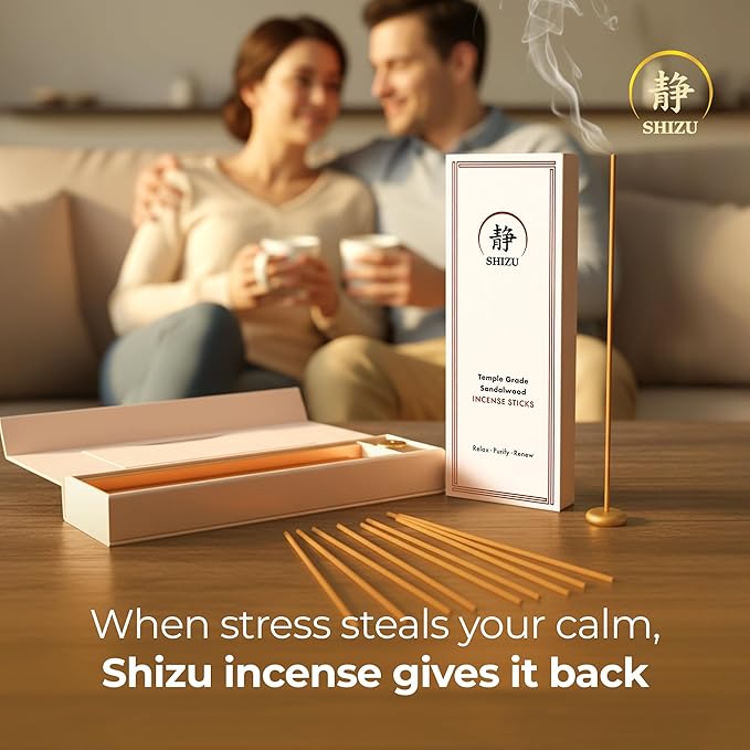 Shizu Sandalwood Incense Sticks – Artisanal Temple Grade Japanese Incense with Brass Holder – Calming Scent for Relaxation Meditation &amp Home Spa Elegant Gift Set (60 Sticks)